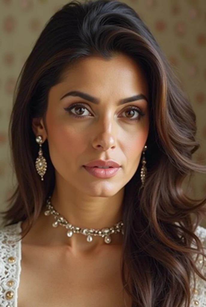 In this photograph, a beautiful Indian Instagram model in her mid-30s takes center stage, showcasing her chubby figure and prominent round chest with a hint of cleavage. The image highlights her highly detailed face (1.4) and a soft smile (0.7). She is set against the backdrop of a moody, private study within a 5-star hotel. The photograph, captured by Lee Jeffries using a Nikon D850, features rich colors and lifelike textures, thanks to film stock photography on 4 Kodak Portra 400. With a camera f1.6 lens, the image boasts dramatic lighting and hyper-realistic detail, enhanced by Cinestill 800 film. 

The model wears a vibrant, colorful dobby weave self-design fit & flare dress. The dress features a sweetheart neck, short puff sleeves, a tie-up detail on the back, an above-knee length flounce hem, and attached lining in chiffon fabric. Inspired by actress Karla Ortiz, the model poses candidly, wearing a slave collar with a chain around her neck. The meticulously captured photograph, in 8K resolution, utilizes cutting-edge techniques such as Cinema 4D and Octane Render. Studio lighting, HDR, and a smoky mist create a captivating ambiance, with a bokeh effect adding an artistic touch. The overall aesthetic is influenced by the styles of Max Dauthendey.