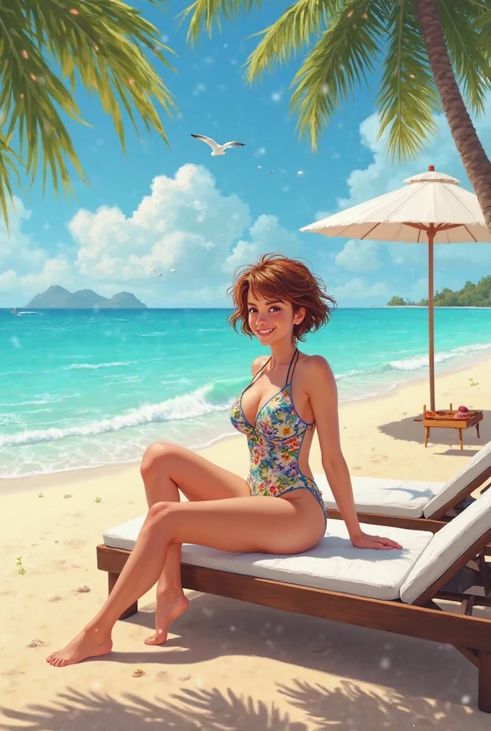 ((highest quality, masterpiece, High resolution)), ((reality)),Photos of beautiful Japanese women,((anime art))、 (((1 girl))), normal size breasts, slim body shape, medium short hair, double eyelid, Wet see-through micro bikini, A pareo with bold ethnic patterns and plenty of primary colors、(Brown skin:1.4),realistic skin、Wet,whole body,cinematic light、tropical、Against the background of palm trees on both sides、on a sunny beach、With the sea in the background、blur background、smile