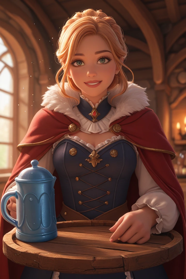 An elven woman with sharp features and pointed ears, dressed in a leather armor outfit, stands confidently in a bustling medieval tavern. She has a sword strapped to her back, and her expression is one of vigilance. The background is filled with various patrons, including other elves and adventurers, engaged in conversation and merriment under the warm glow of lanterns