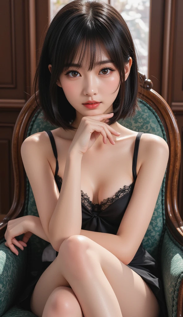 (masterpiece),(Realistic) Sexy body curves Hyuga Hinata anime character from\(boruto\), 1girl, solo,mature female, perfect body ,looking at viewer,perfect composition, detailed lips, big breast, beautiful face, body propotion, blush, (pink lips), black bob cut hair, soft gaze, super realistic, detailed, photoshoot, realistic face and body, aesthetic poses photography , Perfect angle, sexy body, very seductive face, wearing a red lace curves dress , photo from above, siiting on chair, black background