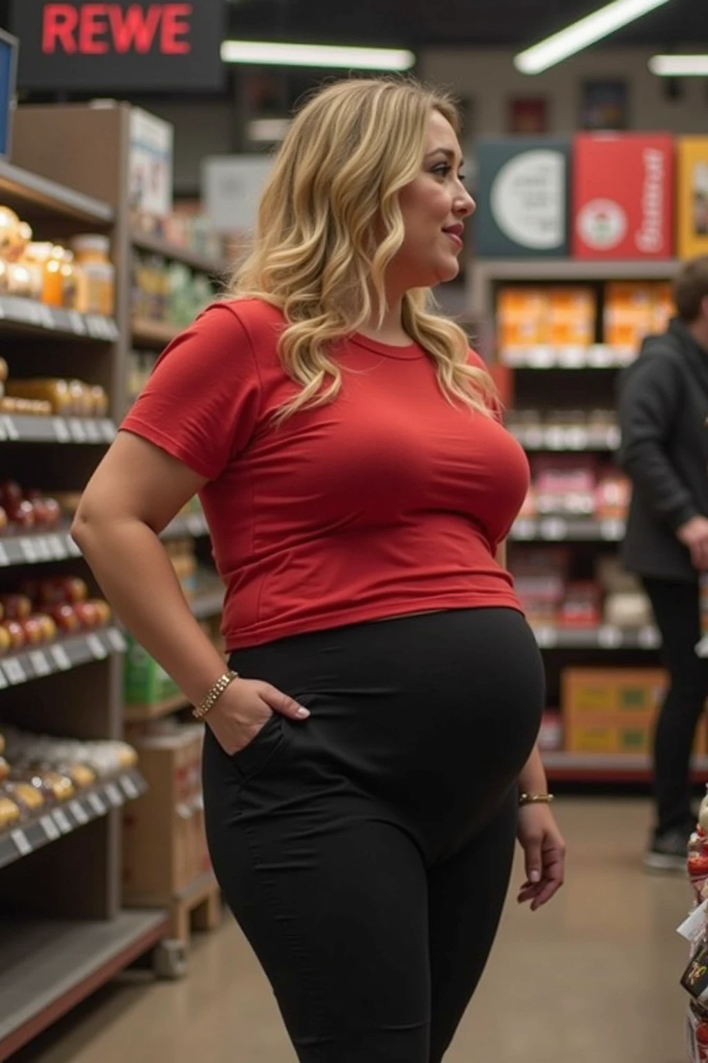 pregnant girl wearing tight one piece long blouse with long coat, at grocery store, big baby bump, little cleavage, american, blonde, worried, wet down there, stressed, 