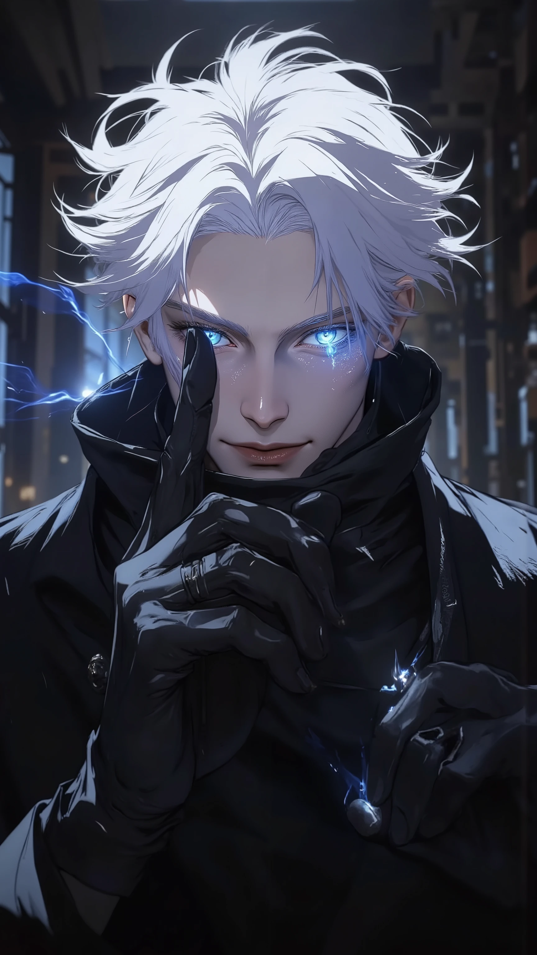 (Ultra-detailed, 8K resolution, cinematic lighting, hyper-realistic, masterpiece, anime-style semi-realism)
A highly detailed, anime-style digital painting of Gojo Satoru, a tall and confident sorcerer with striking white hair that flows wildly and glowing icy blue eyes filled with immense power. He wears a sleek black high-collared outfit that enhances his mysterious aura. His expression is playful yet intense, as he raises one hand in front of his face in a signature pose, revealing part of his face with a confident smirk. The lighting is dramatic, casting deep shadows that emphasize his sharp jawline and high cheekbones. A subtle blue glow surrounds him, hinting at his limitless abilities. The background is dark and blurred, drawing full attention to his striking presence. The art style blends high-quality anime and semi-realism, ensuring intricate details in his hair, eyes, and clothing