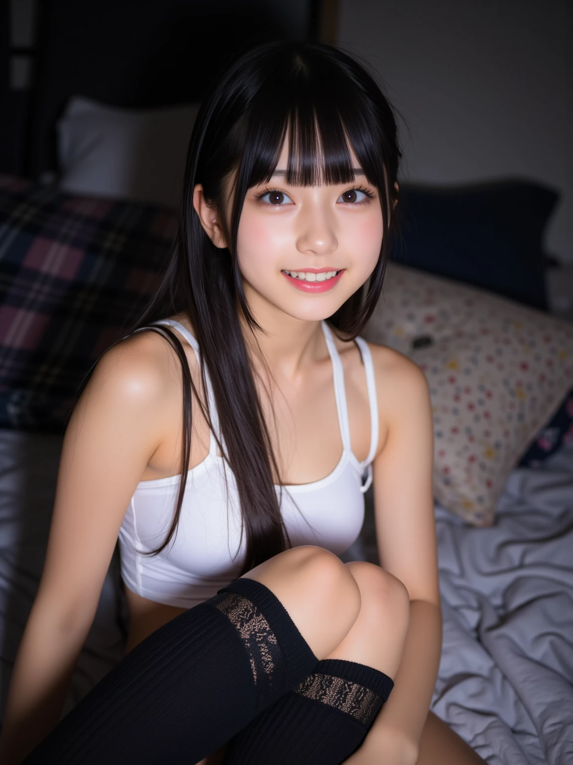 (((squat, Leg spread, She lifts her skirt to show her white panties to the camera))),(masterpiece, highest quality:1.1), (8k, RAW Photos, Photorealistic:1.2, f22), (Shiny skin), Detailed white skin,Long Hair,Detailed face, Fine grain, smile, Intricate details, One girl, 18-year-old, Japanese, cute, Reader model