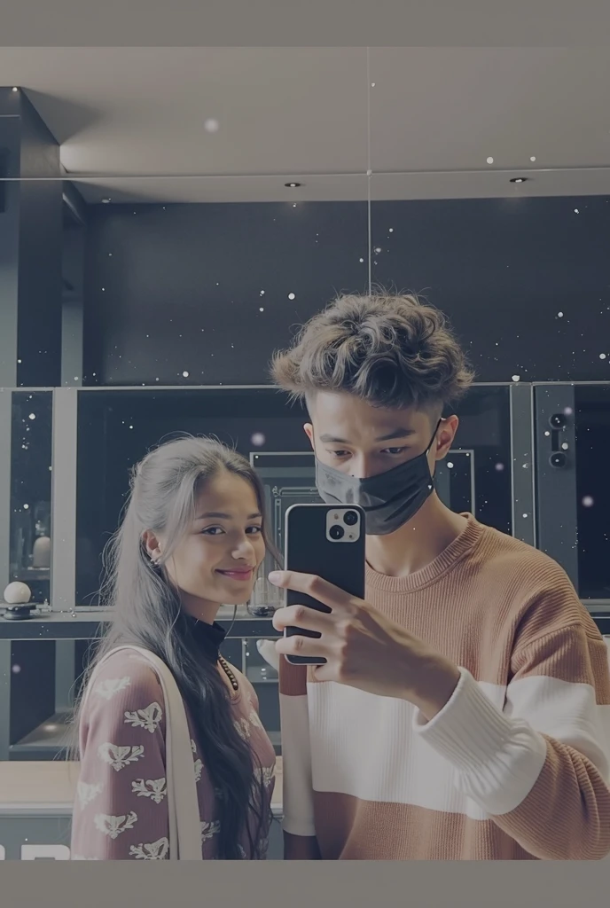 portrait of couple 1girl and 1boy making a selfie, mall scene in background <lora:ToonMall:1>