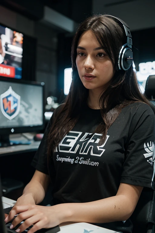 a beautiful gamer woman, third person view, perfil view, playing video games, highly detailed face and expression, beautiful detailed eyes, beautiful detailed lips, extremely detailed eyes and face, long eyelashes, elegant posture, gaming chair, gaming setup, high-end gaming PC, complex gaming environment, vivid colors, dramatic lighting, cinematic composition, photorealistic, 8k, best quality, masterpiece, digital painting