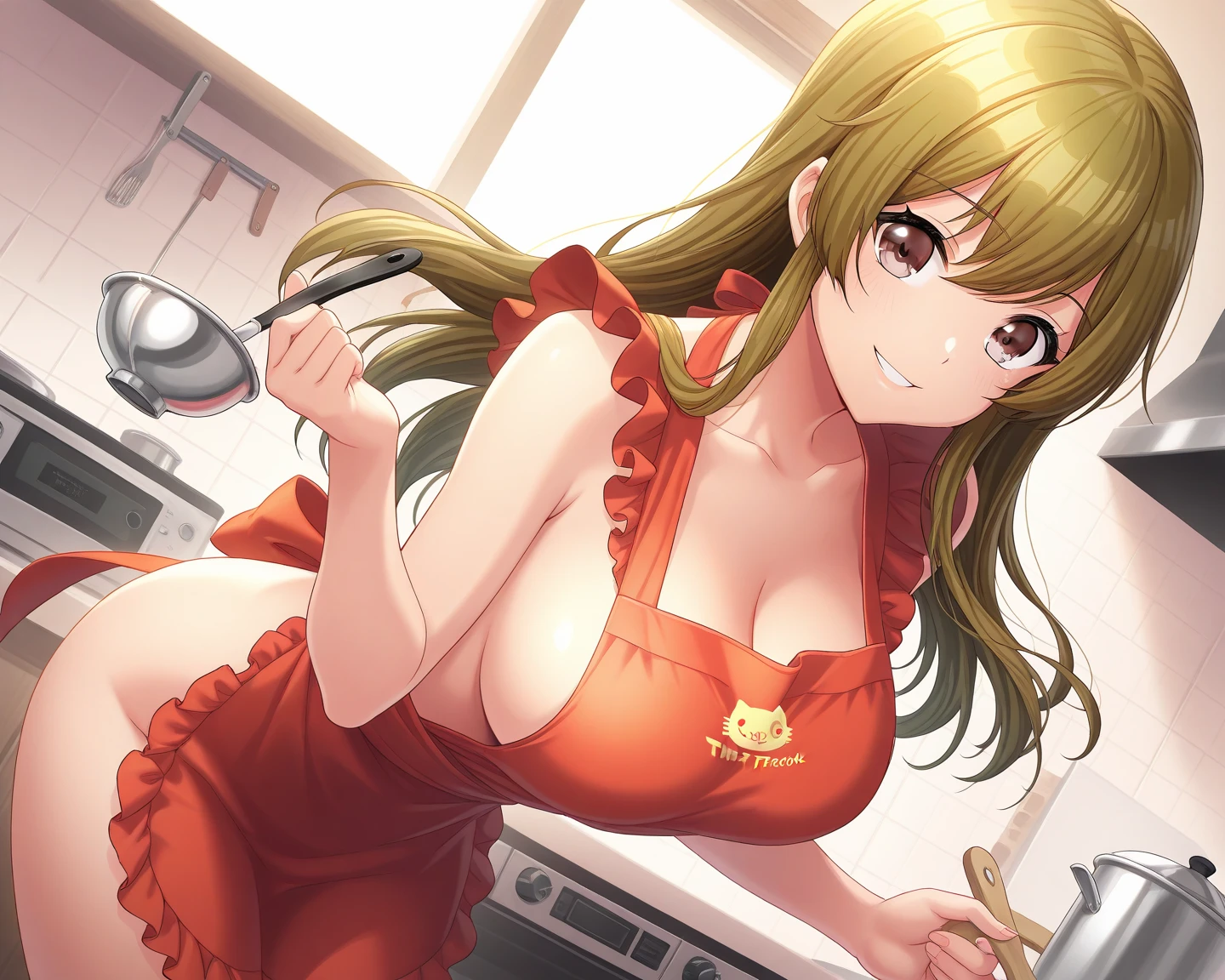 Adult Woman, masterpiece, 1girl, Amazing Cleavage:1.3, thin waist, big ass, Raised sexy, medium breast:1.3,posed cleavage:1.2,solo, open mouth, have a cup of coffee,black hair, red eyes, dress, bare shoulders, jewelry, collarbone, sidelocks, hairband, earrings, indoors, off shoulder, arms behind back, plant, short hair with long locks, black hairband, sweater dress, off-shoulder sweater, red sweater, big side hair, very long side hair,is rendered in (masterpiece: 1.2, best quality), with (ultra high resolution) and an exquisite (depth of field). This masterpiece is not only visually stunning but also tells, make of cooking some cakes ,in the kitchen,Long dark blonde wavy hair、her thin pubic hair, Puffy nipple、(short flared skirt)、garter stocking、Earring、Medium milk, cute smile face、(Pose to lean forward and emphasize the chest)、sexy hips、high-heels、atlibrary、((Close your arms to your chest and look up)),(with sparkling eyes and a contagious smile), looking at viewer, 