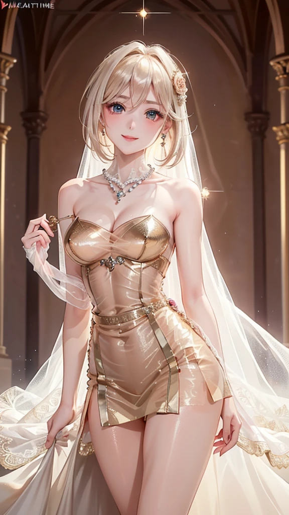 ((masterpiece)), ((best quality)), (detailed), perfect, solo, ???????, golden lace bikini bottom, , bride, skirt, blonde, black dress