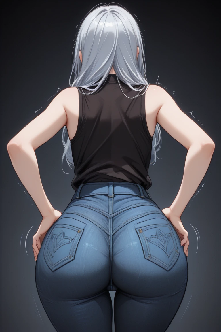 (((tmasterpiece, Best quality, A high resolution))),((1 girl, Alone, Solo girl, number 1, Solo chart)) Beautiful Noelle_Silva, Long gray hair, (shairband, purple hairband), (White hair, silber hair), dual horsetail, Pig's tail, through bangs, silber hair, a purple eye, ((denim short, shorter pants, black t-shirts, short- sleeved, Crop top)), ((Butt falls off, Butt falls off, ass shot, ass shot)), ass focus, Seductive thighs, ((posterior view)), (Eternal), Indoor rest, (sobu), blur backgroun, ((cow boy shooting)), dynamicposes, alluring face, (Perfect Finger, Perfect legs, perfect anatomia), 4K