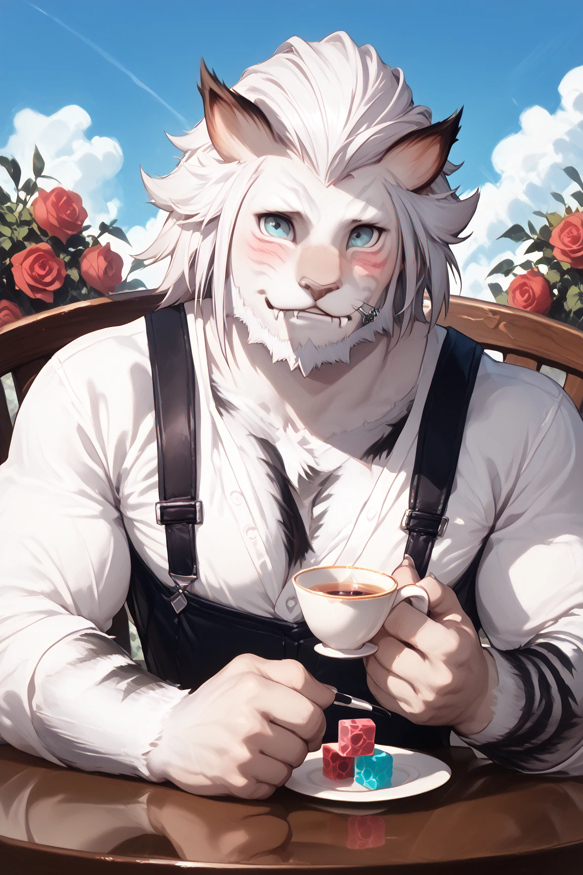 (Best quality: 1.0), (Super High Resolution: 1.0), (masterpiece, best quality:1.2), detailed, detailed hands, detailed eyes, score_9, score_8_up, score_7_up, furry, anthro, ((dragon)), ((solo)), grandpa, (about 70 years old), (manly), horns, handsome face, huge, bangs, white beard, beard above mouth, fluffly fur, nipples, looking pleasured, sexually, sexy pose, SFW, coffee shop, (apron), nude, bulge, flaccid, in heat, panting, sweat, sweaty, musk, (skinny, shy), hands touching, (looking at viewer, shy), blushes:0.3, wearing glasses, first person view, close up view, (by bebebebebe, by syuro)