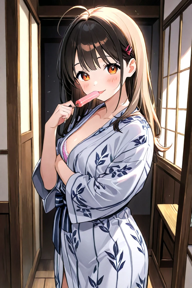 Cute beautiful girl、Big eyes、Open yukata、Big Breasts