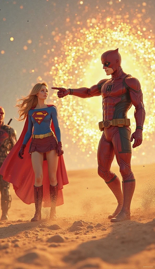 Make Ironman and Batman, and a blonde man with medium-length hair, wearing black pants and black boots, with demonic symbols on his body in red, who controls energy.