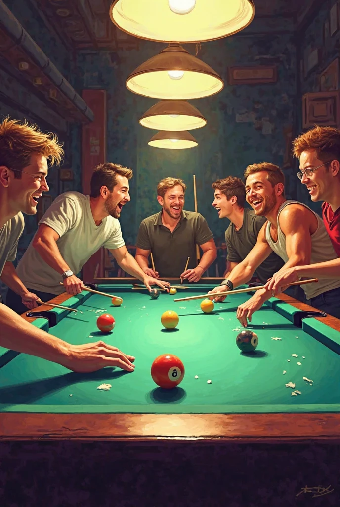 4 dark-haired guys in front of a pool table in just their underwear