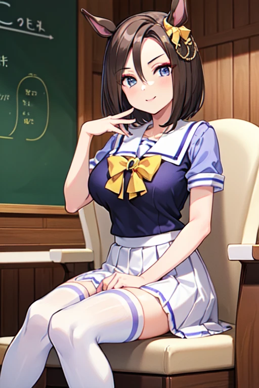 1girl, (masterpiece:1.3), (high resolution), (8K), (extremely detailed), (4k), (pixiv), perfect face, nice eyes and face, (best quality), (super detailed), detailed face and eyes, (solo), textured skin, absurdres, highres, <lora:EkitokuV1.5:0.7>, ekitokuwz, school uniform, short hair, serafuku, ((pleated skirt, short sleeves, brown hair, yellow neckerchief)), ((sitting, cowboy shot, classroom, chalkboard, desk, legs crossed)), looking at viewer, smiling, <lora:adamhughes-10:0.7>, (adam hughes, colored, painting)