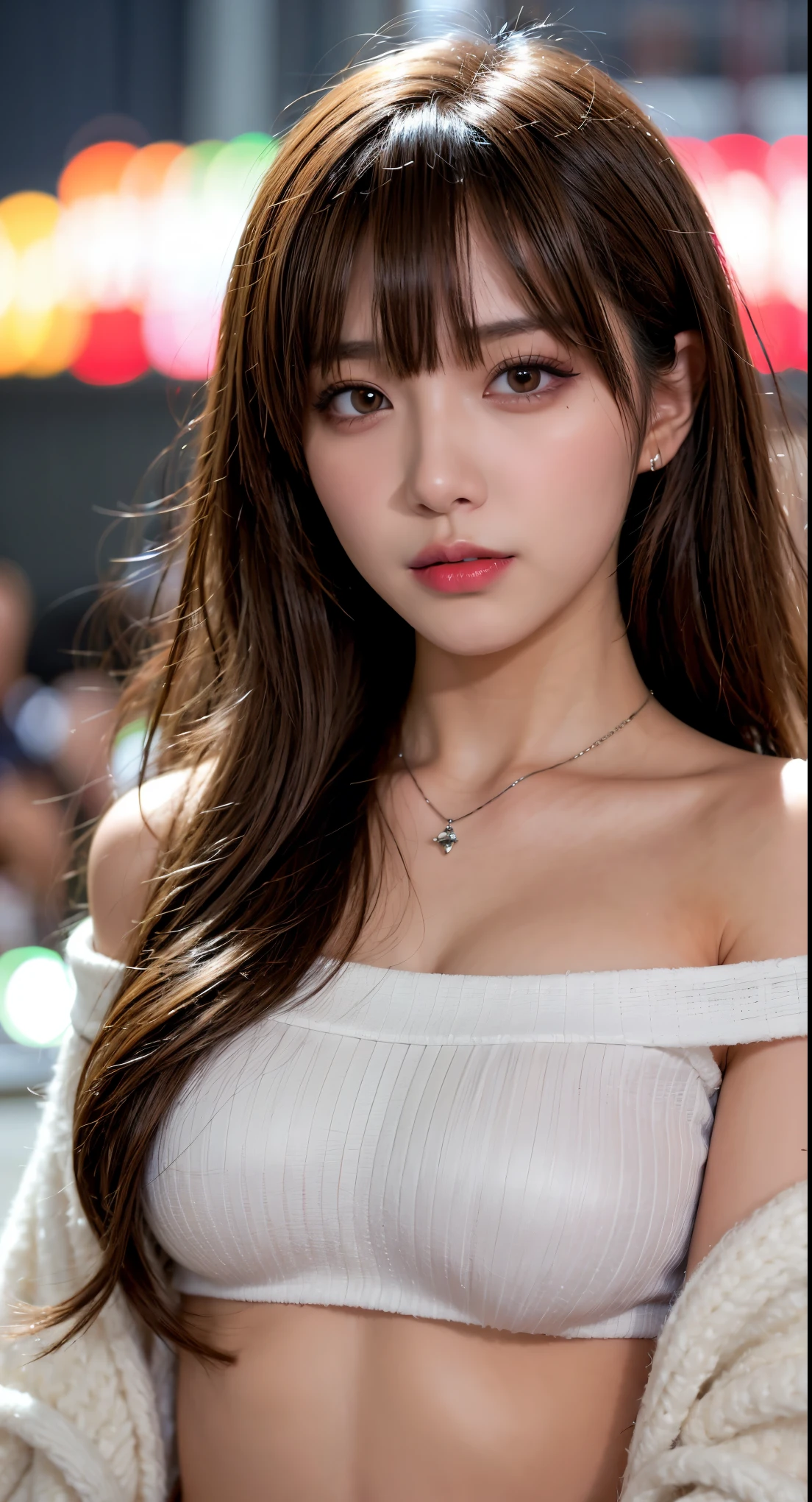 Tzuyu 1, woman, (realistic), (hyper realism), (photorealistic), Depth of the bounds written, eye make up:0.9, (whole body:1.2), (tight waist), looking at the viewer,at the racing track, lace queen, Sexy dress with open shoulders and chest