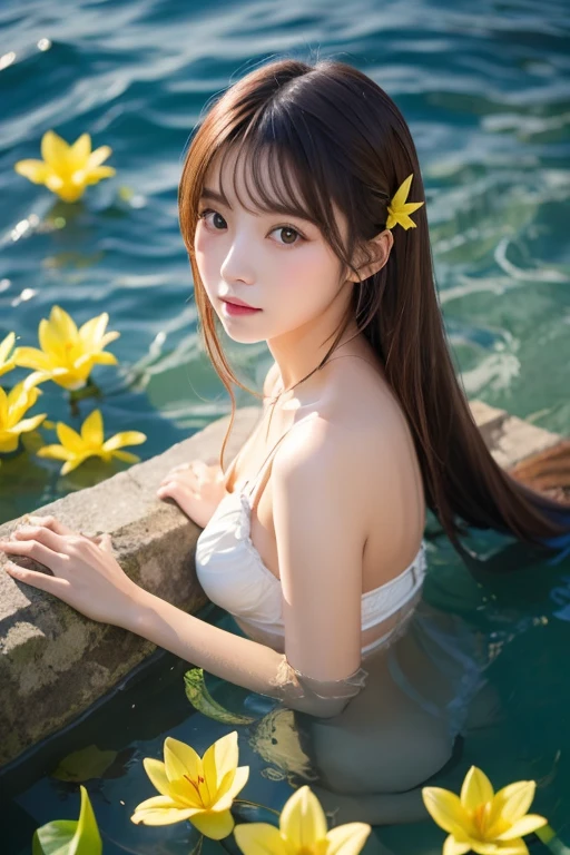 Anime girl holding a fish in a pond with flowers and butterflies, author:heroes, guweiz on pixiv artstation, Popular topics on artstation pixiv, Artgerm and Atey Ghailan, guweiz on artstation pixiv, Cute and detailed digital art, Artie Guéland 8K, Pixiv Contest Winner, Digital art on Pixiv,Oil painting style