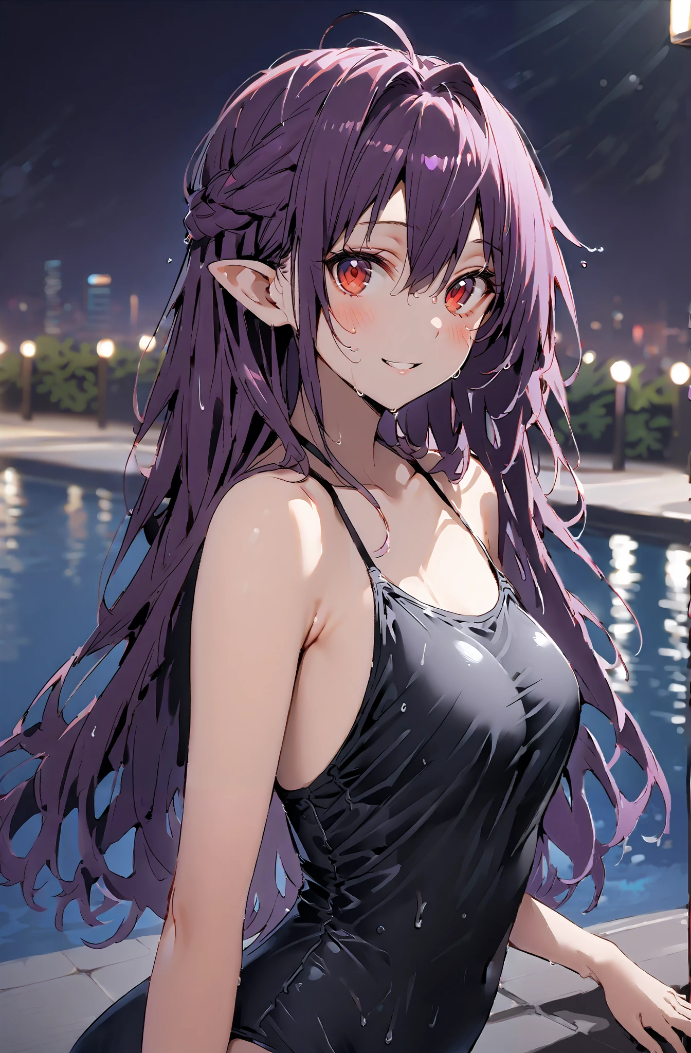 score_9, score_8_up, score_7_up, source_anime,
yuukiKonno, Konno Yuuki, stupid hair, long hair, pointed ears, purple hair, RED EYES,half updo,smile,blushes,open their mouths,purple string bikini swimsuit , back of the anus,is turning around after changing clothes,Submersion,night,綺麗なnight景,Beautiful cityscape,wet hair,wet skin, wet swimsuit ,The moonlight reflects off the surface of the water and is mysterious,full bodyがイラストに入るように,break outdoors,night pool,
break looking at viewer,full body,
break (masterpiece:1.2),top quality , kampala, Unity 8K Wallpaper ,(shape:0.8),( fine, beautiful eyes :1.6),It's a person ,full body写真,CG Details , (perfect hands,complete anatomy),