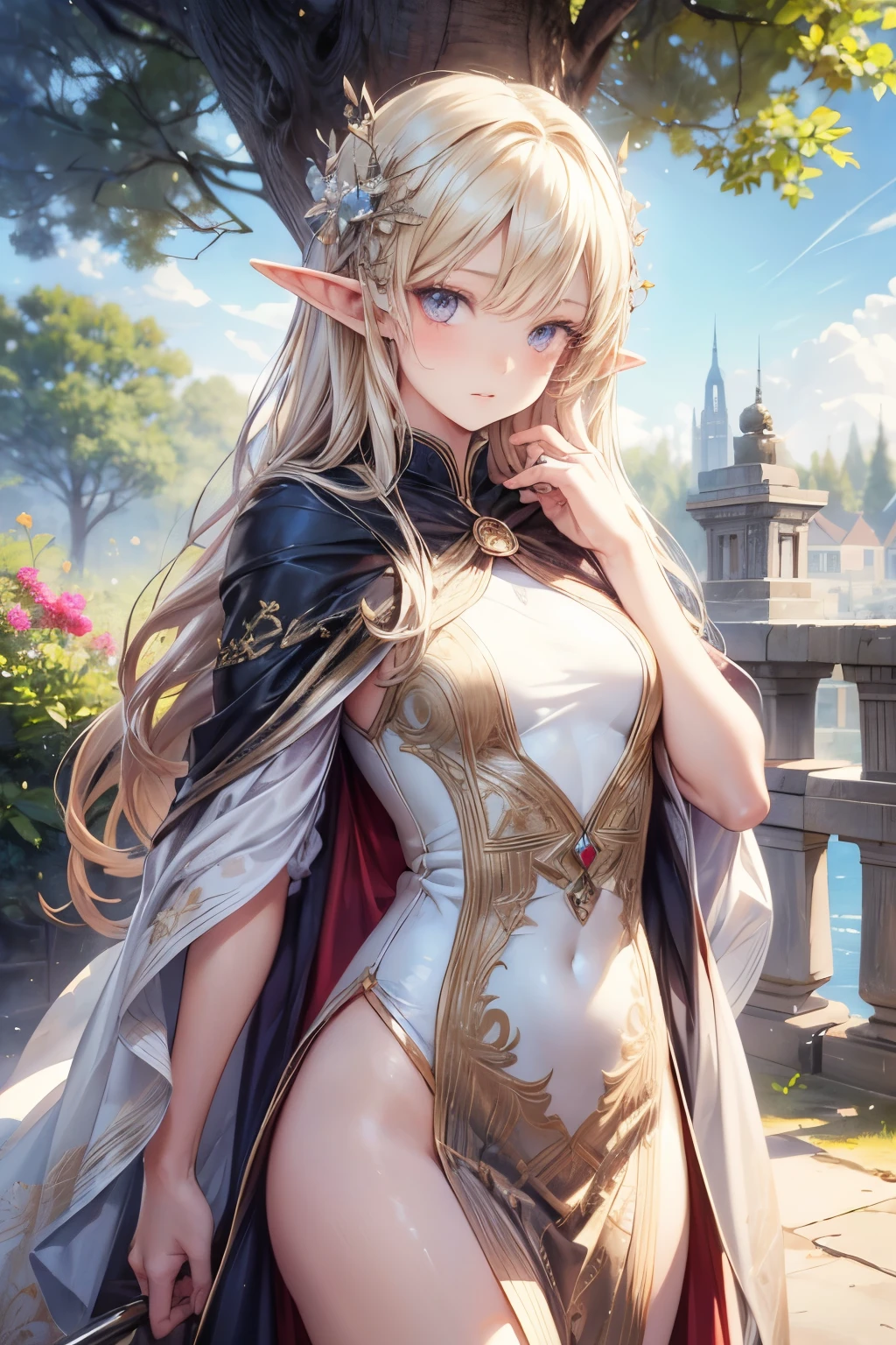 masterpiece,top quality,very detailed,photorealistic,realistic, ULTRA HIGH RESOLUTION, Masterpiece,fantasy,elf,pretty girl,elegant,Age 15,very long blonde,skinny,Completely,slender,(smaller breasts),so cute, gorgeous clothes ,hair ornament,gem,embroidery,cape,Giant Tree,Muimori, correct handshake,active pose,Outdoors