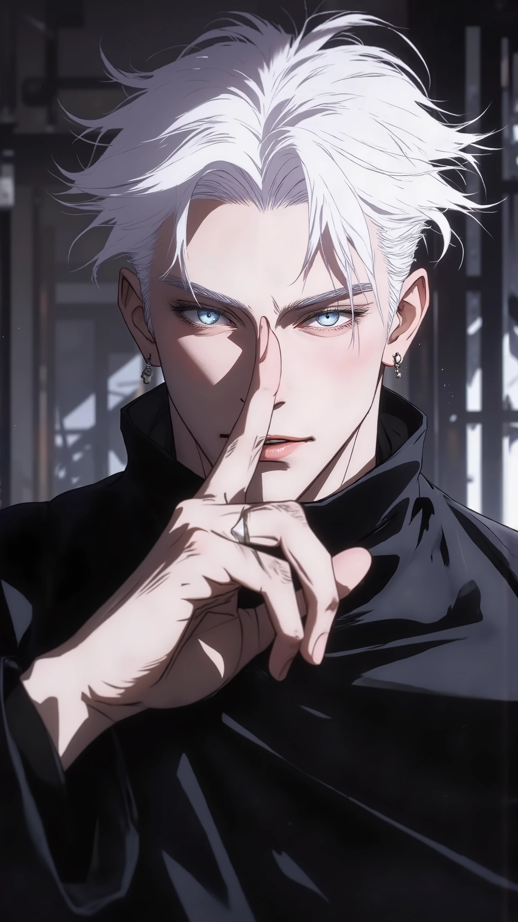(Ultra-detailed, 8K resolution, cinematic lighting, hyper-realistic, masterpiece, anime-style semi-realism)
A highly detailed, anime-style digital painting of Gojo Satoru, a tall and confident sorcerer with striking white hair that flows wildly and glowing icy blue eyes filled with immense power. He wears a sleek black high-collared outfit that enhances his mysterious aura. His expression is playful yet intense, with a subtle smirk. He raises his hand in front of his face in his signature two-finger hand sign, exuding confidence and a sense of untouchable strength. The lighting is dramatic, casting deep shadows that emphasize his sharp jawline and high cheekbones. A subtle blue glow surrounds him, hinting at his limitless abilities. The background is dark and blurred, drawing full attention to his striking presence. The art style blends high-quality anime and semi-realism, ensuring intricate details in his hair, eyes, and clothing