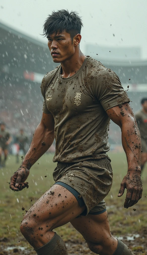 Handsome, muscular shirtless man sinks in a mud pit , smudged , covered in mud, high quality photos