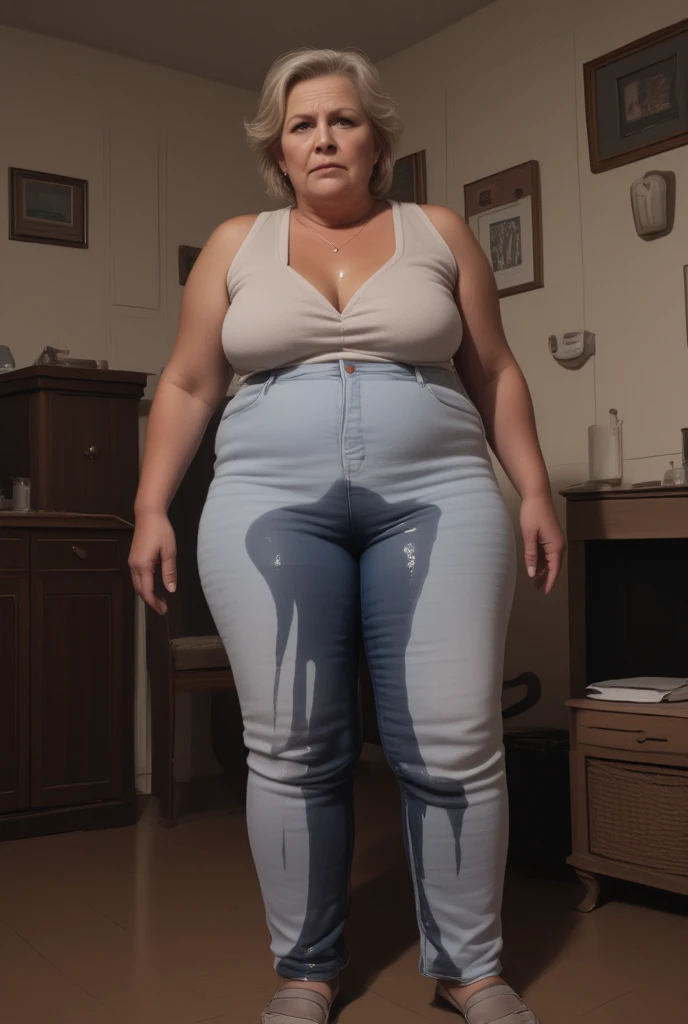 1woman,fullbody,(masterpiece:1.5),photo-realistic,16k,(beautiful 40s japanese plump lady:1.4),(park:1.5),(crowd:1.3),(sleeveless frilled blouse:1.4),(jeans:1.3),(sandals:1.5),(whimpering:1.6),(panicking:1.5),(crying:1.5),(wetting:1.7),(dripping pee:1.4),pee paddle,brown straight medium hair,black eyes,makeup,lipstick,eyeliner,mascara,eyeshadow