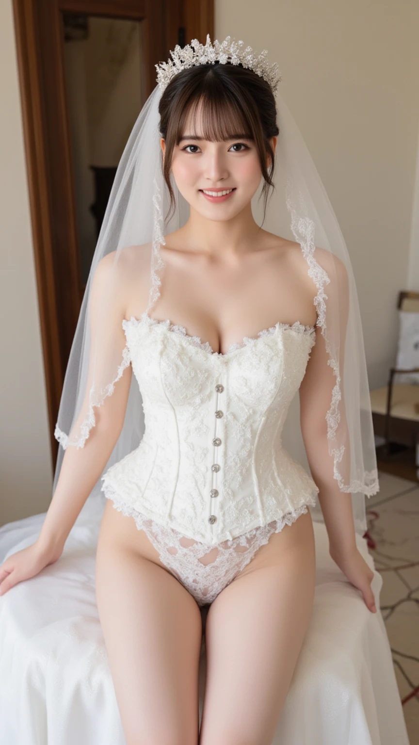 best quality, masterpiece, photorealistic, high resolution, solo, 1 girl, realistic and detailed skin,standing, look at viewer, 20-year-old, breasts partially insight, (glasses with thick frame:1.4), slender body shape、((legs spread)),big breasts, sexy lips,(wedding dress:1.4),(purple lace bra),(garter belt),(red fishnet lingerie),((sexy lace panties))、smile、high heels、earrings、necklace,skirt lift