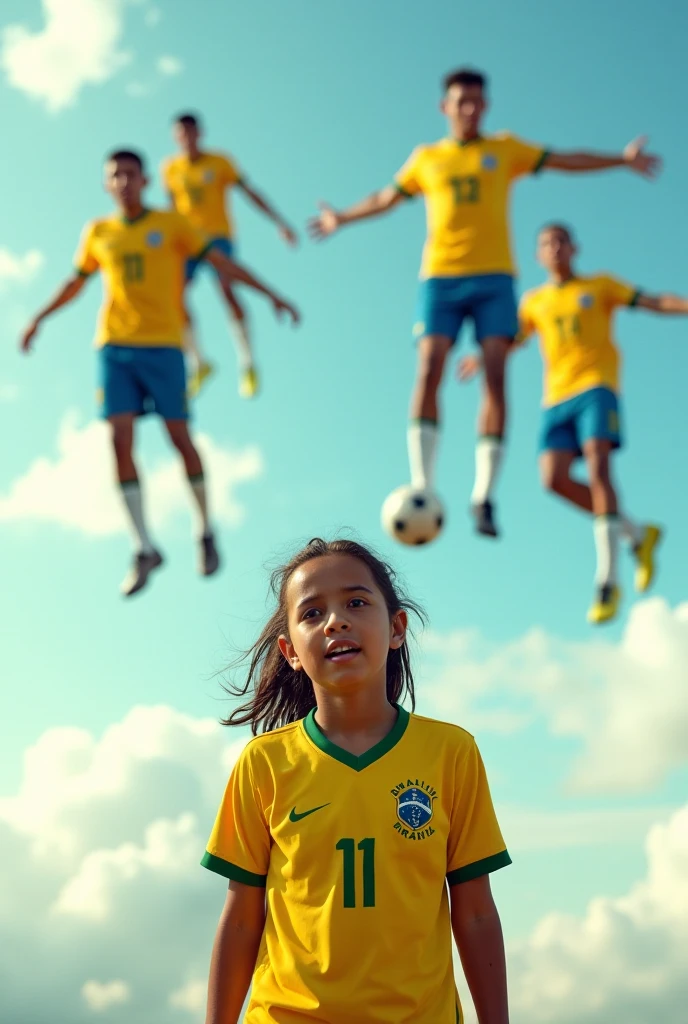  with brown hair and eyes, a delicate teenage face playing volleyball in Paris at the Eiffel Tower during the Olympics wearing a Brazilian uniform 
