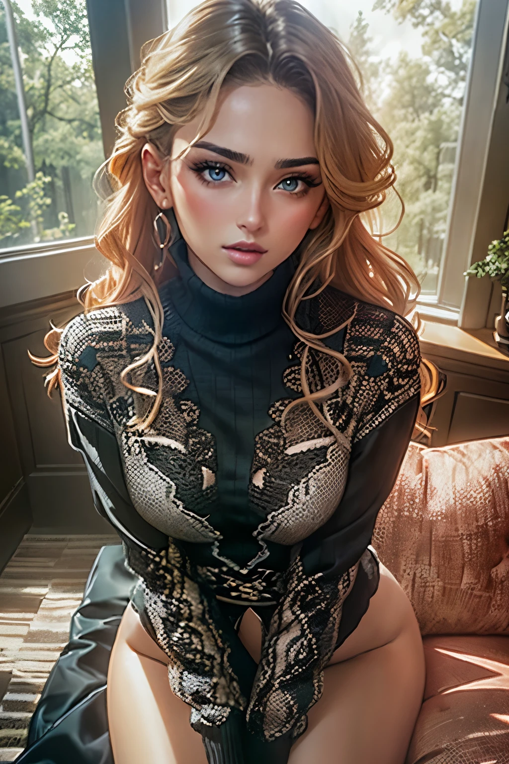 Sexy woman, perfect hair, amazing makeup, seductive gaze, blushing intensely, ready to kiss, long oversized sweater, sitting comfortably on couch, window, natural light beaming through window, beautiful face, seductively gazing at us, very seductively provocative