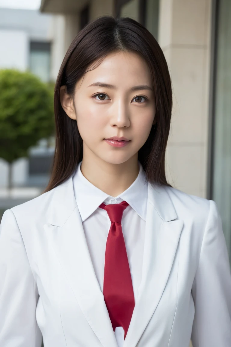 High quality image, masterpiece, detailed hair texture, detailed skin texture, detailed cloth texture, 8k, add fabric details, ultra detailed skin texture, ultra detailed photo, skin pores, cloth details, high skin details, realistic hair details, a woman in a white coat and blue top standing in a hallway, with a lab coat, wearing lab coat and a blouse