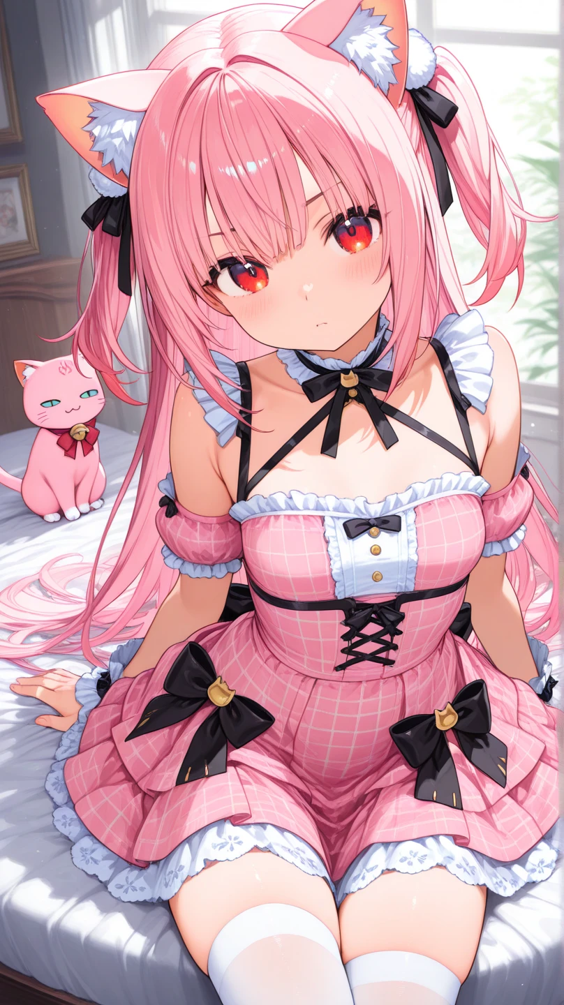masterpiece,1girl,solo, <lora:ForAdoptionV1:1.2> , for adoption, <lora:LaGaCatV1-000006:0.8>,pink hair, cat ears, cleavage,twintails, shiny skin,black_dress