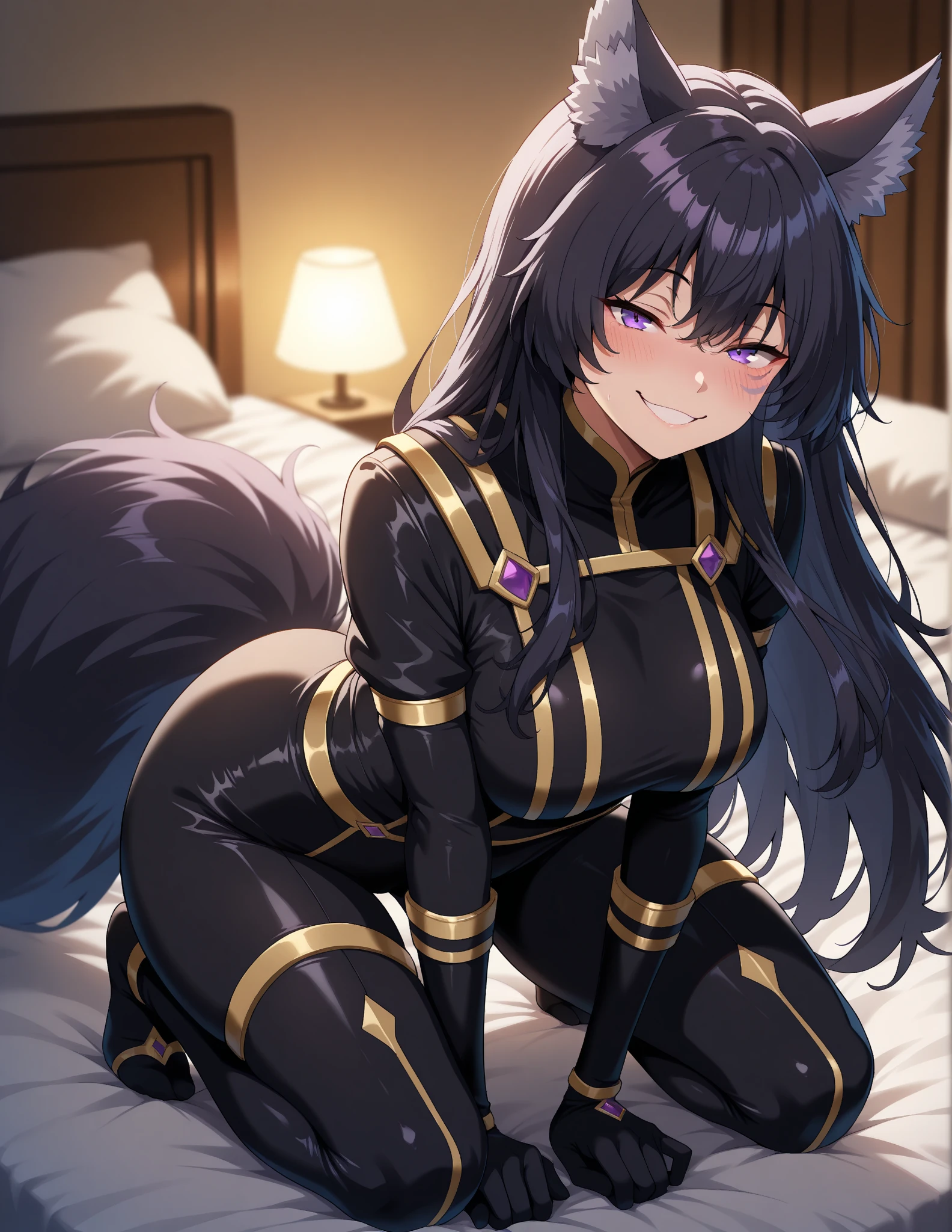 delta, facial mark, purple eyes, large breasts, black long hair, tail, tail ornament, black body suit, squatting, paw pose, looking at viewer, blush, :d, fang,in aroom,on a bed,naked,,show tits,free the nipple,show