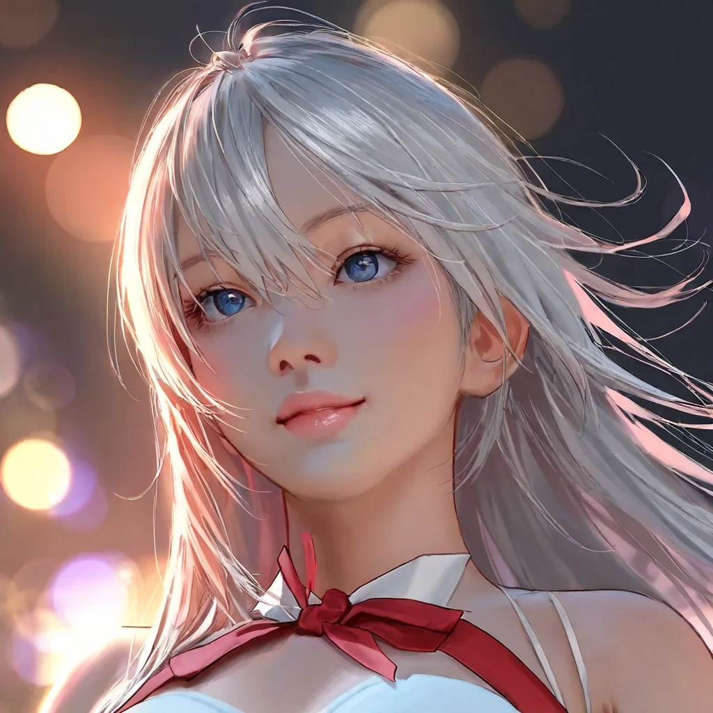 a anime girl, white hair, red dress