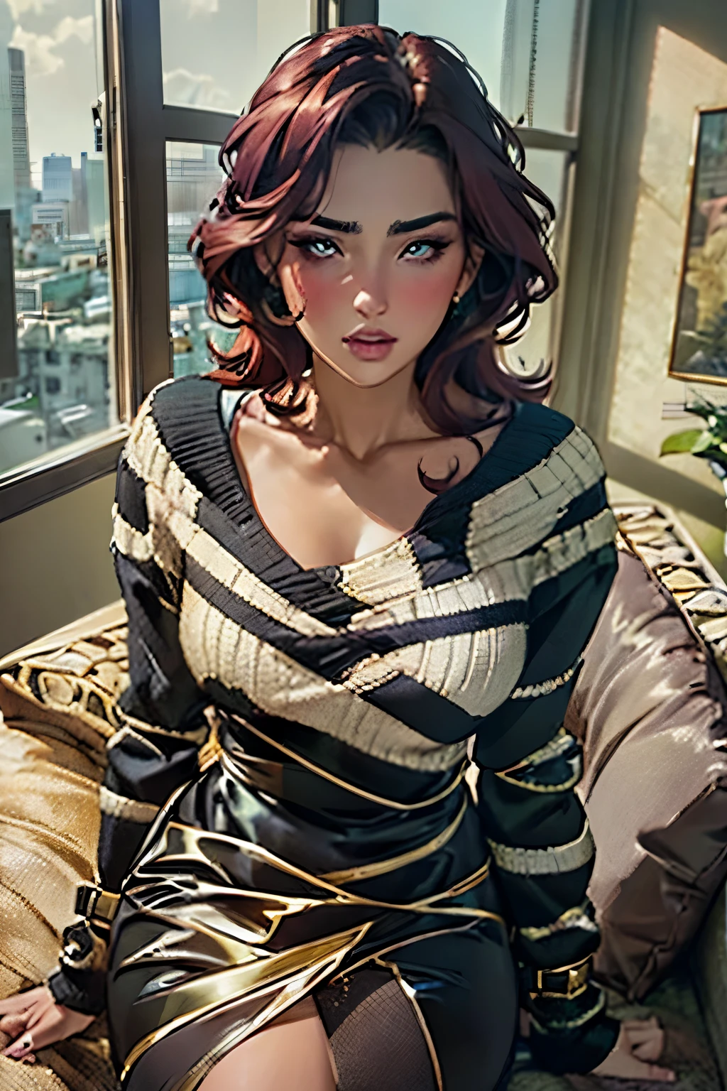 Sexy woman, perfect hair, amazing makeup, seductive gaze, blushing intensely, ready to kiss, long oversized sweater, sitting comfortably on couch, window, natural light beaming through window, beautiful face, seductively gazing at us, very seductively provocative
