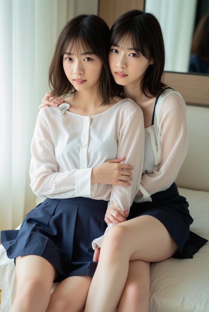 (Masterpiece, Best quality:1.4), (Ultra realistic, Photo-realistic:1.2), Natural light, 25 years old actress, Japanese women, Neat and clean, (nude:1.2), (Dark navy skirt:1.3), (Dark navy ribbon:1.2), (Ponytail:1.2), Short wavy hair, Light brown hair color, (Beautiful Face), Oval face, clear, (Beautiful eyes, Kind eyes), (Clear skin), Small face, (Small mouth), (Beautiful mouth), Natural makeup, Approachable, Luxury hotel Suite room, On bed, Seductive smile, (Seductive pose:1.2), (Beautiful thighs:1.1), (Bedroom eyes), (nsfw:1.1), (lesbian couple:1.1), (petting together), obscene reality of girls, (crotch rub:1.1), (White bra:1.1), (Open shirt:1.2), (small breasts:1.1), (Beautiful breasts:1.1), small nipples