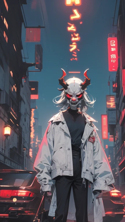 (detailed and high quality CG illustration, masterpiece)+(cyberpunk ninja+night scenery+building rooftop),(dark atmosphere+neon luminous light),crouching pose, vibrant and evil-looking demon mask that features sharp and pointed teeth (demon mask:1.3), equipment details, the demon mask's eyes are luminous with neon colors (demon mask+neon luminous eyes: 1.2)، ninja cyberpunk samurai clothes
