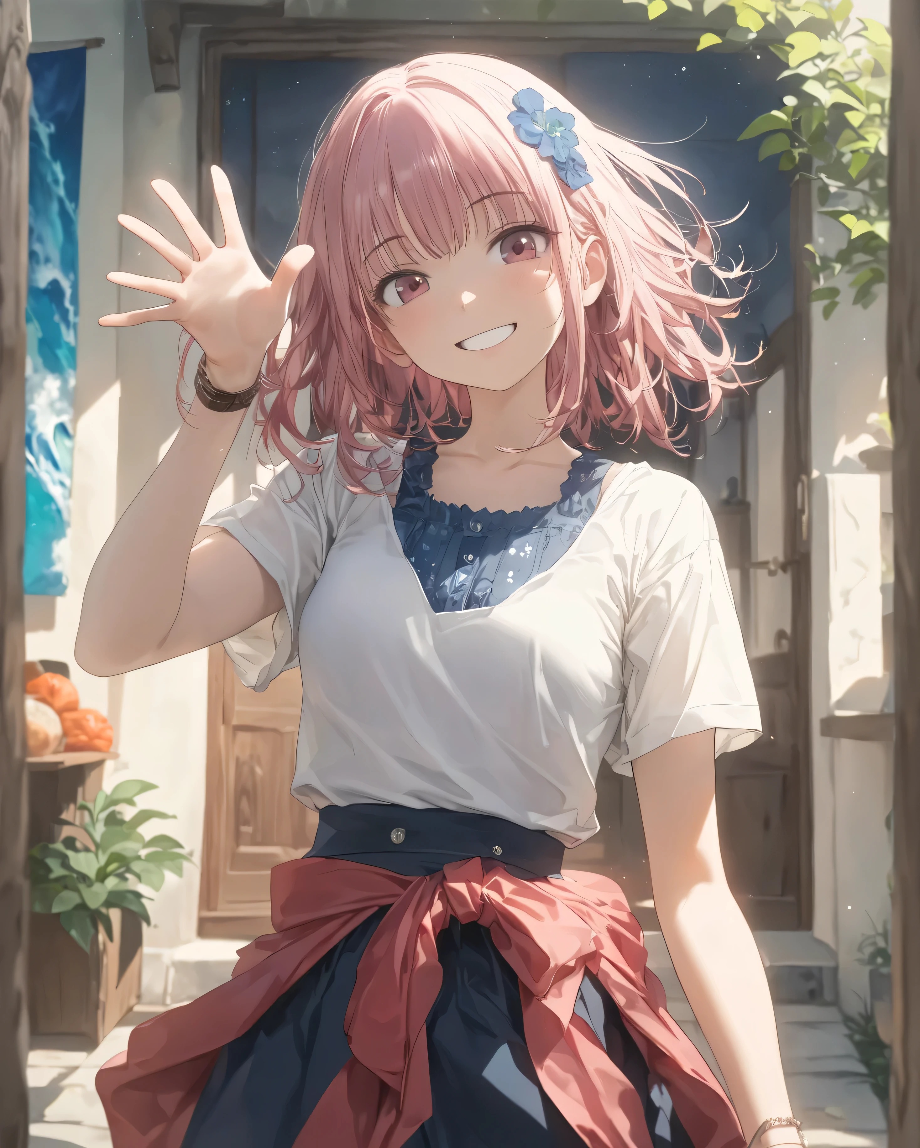 Western-style house、In front of the entrance、Girl Who Jumped Out、((waves:1.3))、Energetic、Shibuya girls、Devilish、Clear skies、masterpiece, anatomically correct, accurate, Multiple award-winning, highest quality, Details, High details, ((leeveless:1.3))、(masterpiece, top quality, very beautiful、4K、 illustration ),(cowboy shot),(Pink Short Hair)、(smiles),(cute)、( attractive),(head tilt),( slim),precise details, girl,alone,(Radiant and gentle girl)、high definition, quality, very detailed, Ultra-fine, textured skin, , high definition model, smiles、Fantastic