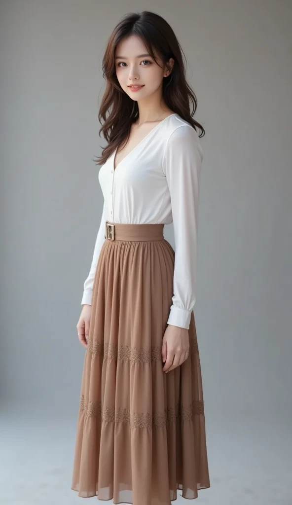 Woman long brown hair, in shortskirt 