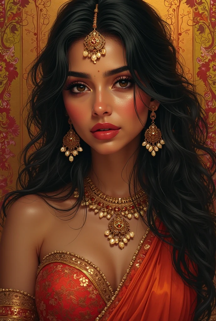 Indian beautiful woman with long black hair and Indian dressup 