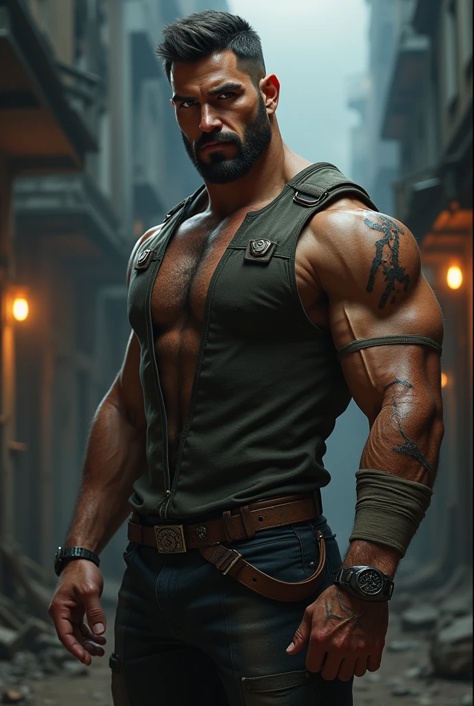 man, 25 years, muscular, with a claw scar on the left side of his face, brown left eye, blue right eye, heterocromia, trapezoidal head, Aquiline nose, cleft chin,with short beard, short hair castaño con degradación blanco en las puntas, short hair, wide shoulders, thick arms, Thin waist, tanned skin, standing, looking to the camera, robust male figure