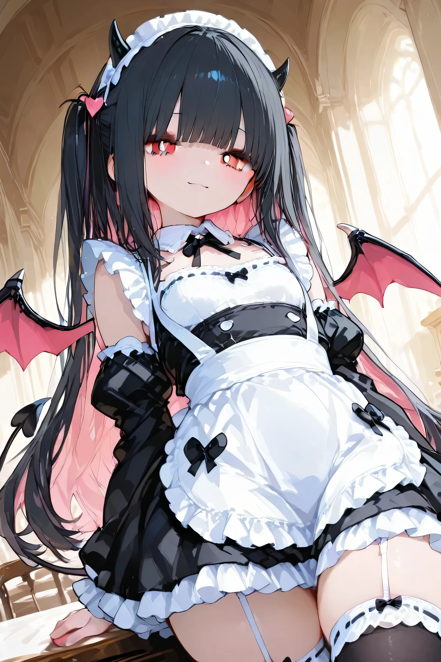 Ultra HD、Black Hair with Pink Inner Color、Too Cute Characters、heart mark in the eye、Maid Outfit、Little devil style feather、