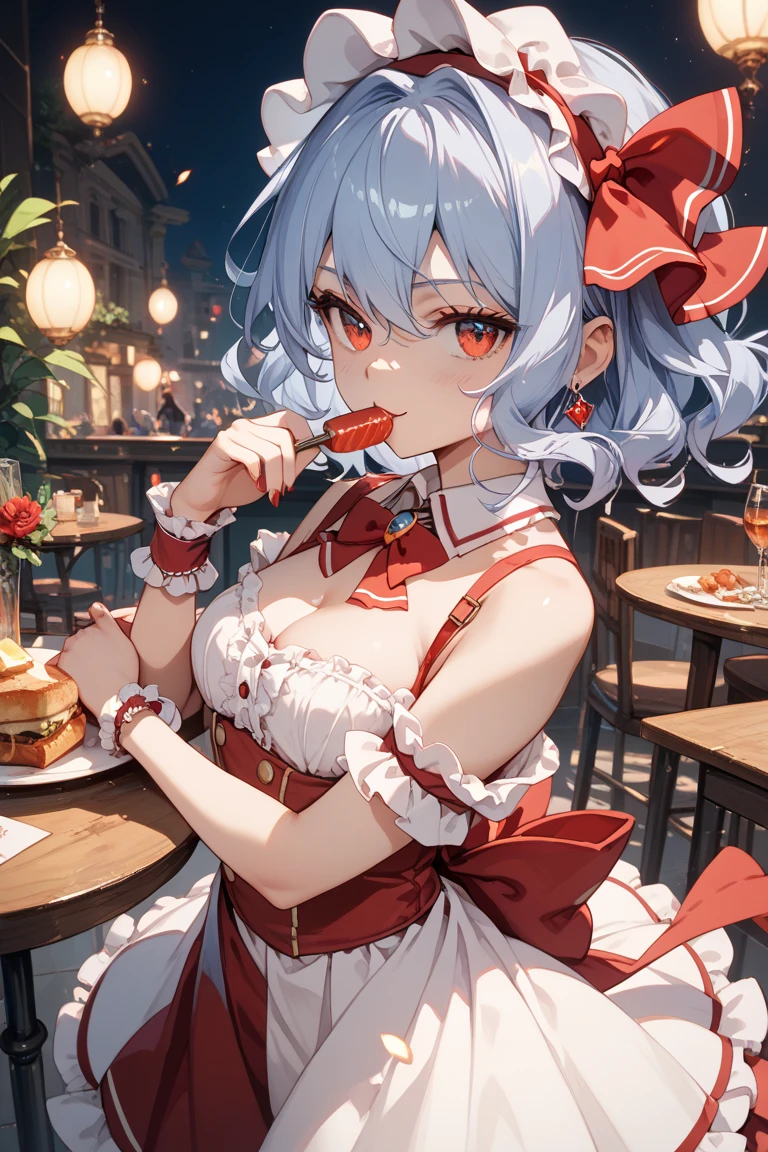 One young and beautiful woman,(Highest quality,Extremely detailed depiction,Incredibly absurd high resolution,Anatomically accurate depiction,Nice hands,Perfect Fingers,Curvy Legs),(Glowing Skin,Glossのある肌),(Sexy Idol),(Idol Costumes,Cute hairstyle,tights,Choker of Hearts,boots,Gloss),eyelash,(Pink Eyes,There is cleavage in the chest,Glossのある口紅,Mouth open),Eating a donut with relish,whole body,background:Inside the cafe