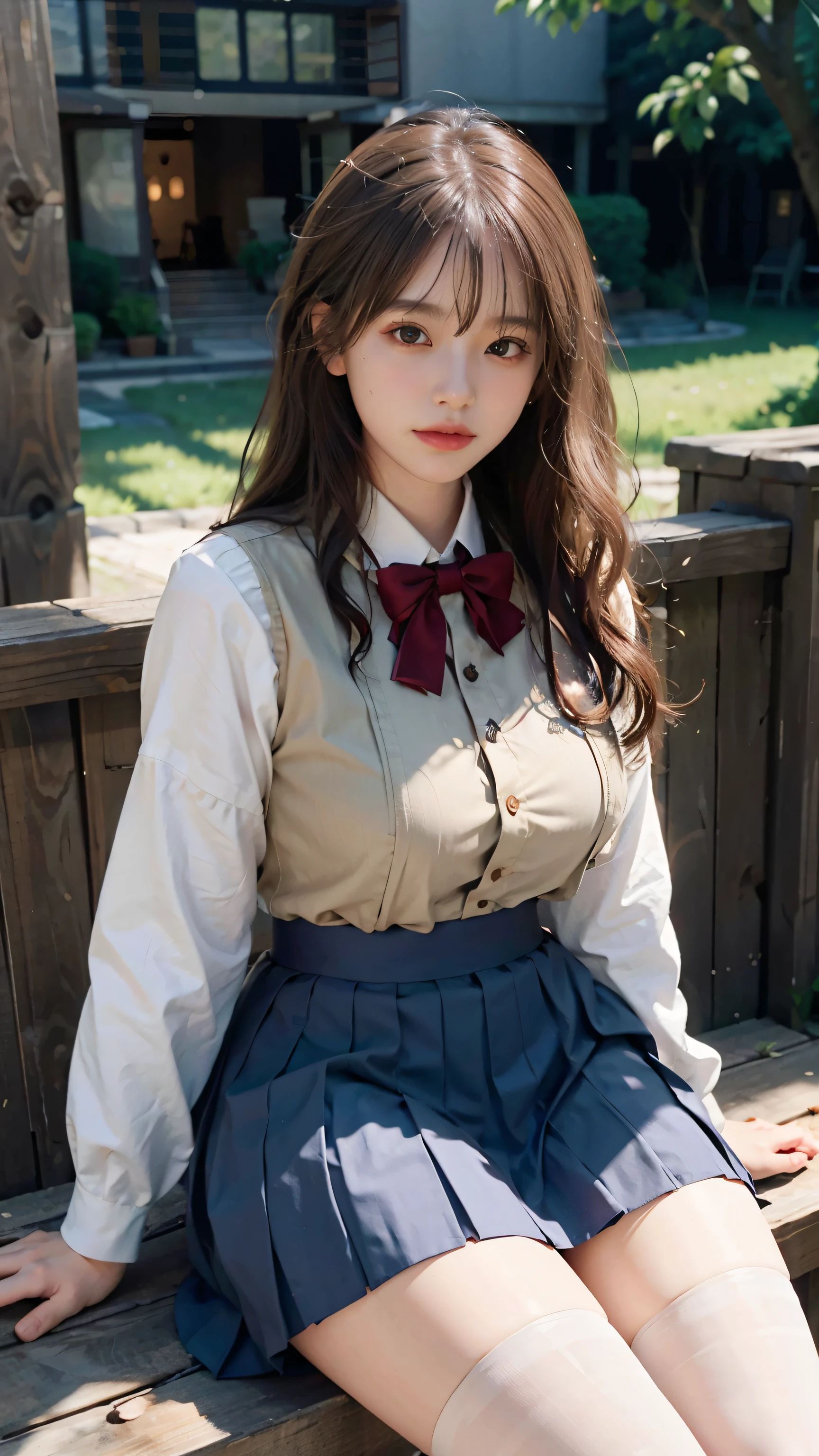 masterpiece、8K、32K、top-quality、(A detailed eye)、(A cute Japanese woman、bangss)、23years old、1 girl in、elegent、(Detailed background depiction、portlate:1.2)、(sailor shirt、plaid bustle skirt)、(yellow fallen leaves:1.1)、cowboy shot、ssmile