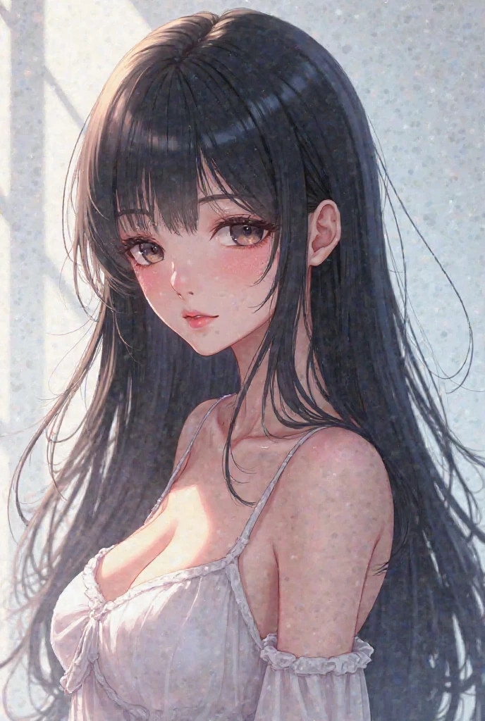 (((Masterpiece))), (portrait), Ayaka, diffused light, dynamic shadows, sharp focus, realistic, detailed, highres, absurdres, white background, (boobsqueeze), looking to the side, v arms, t-shirt, no bra, photorealistic, lifelike, wet, mascara, blushing