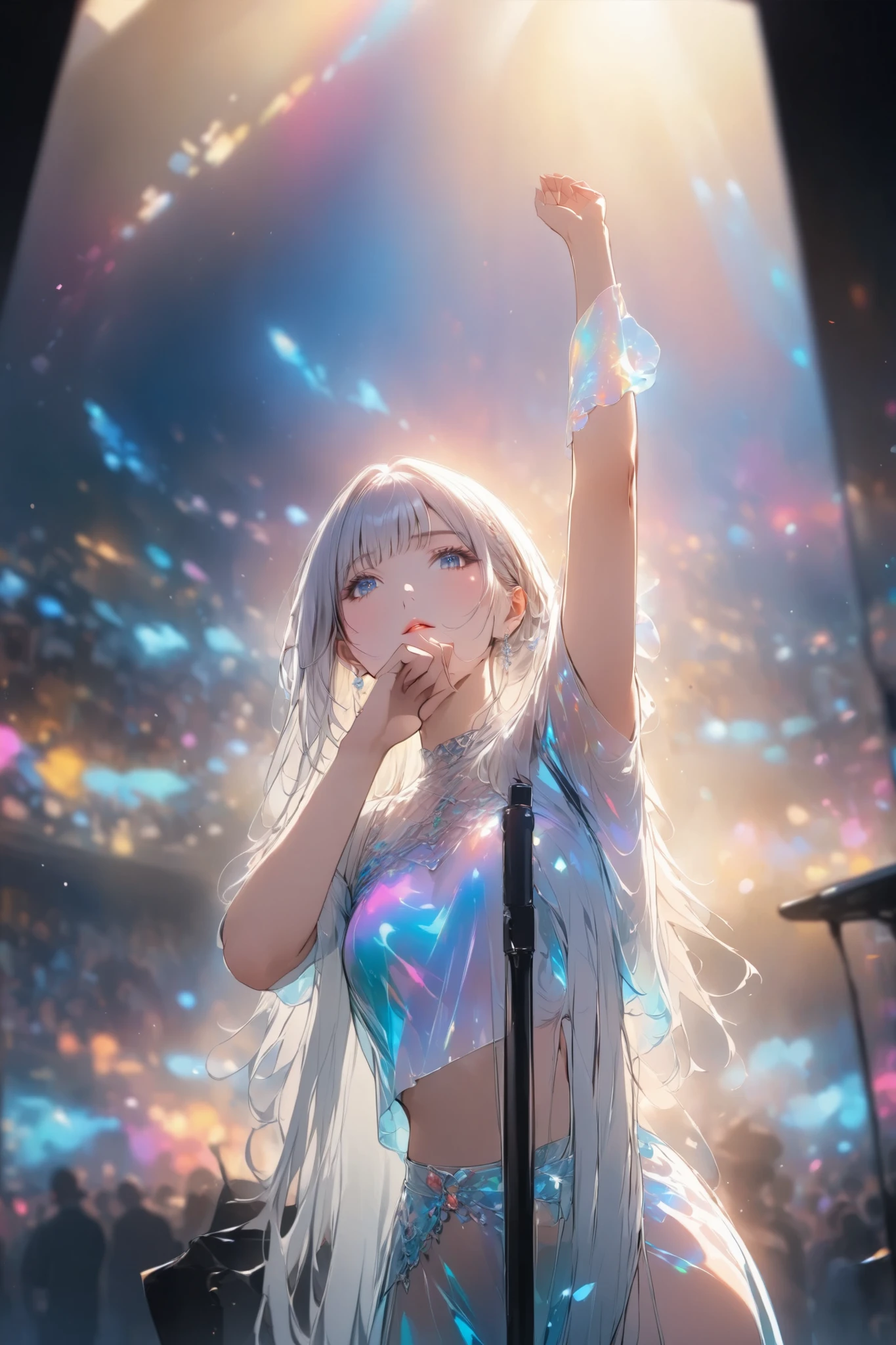 ( top quality,4K,8k, high definition , masterpiece :1.2),standing up picture、Female Singer、 Silver Hair、long hair,Her face is of the highest quality 、Beautiful eyes depicted in detail、