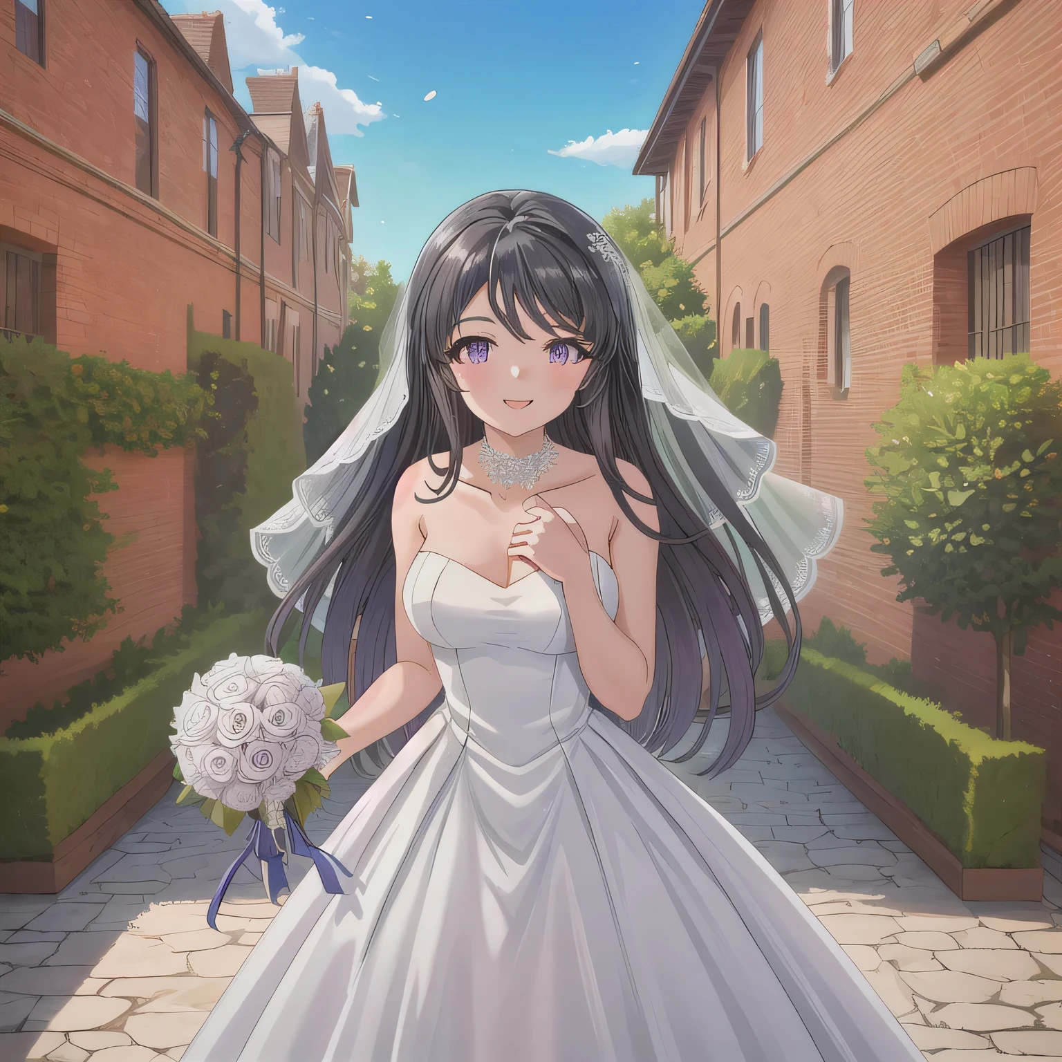 A breathtakingly beautiful 20-year-old woman stands in the courtyard of a luxurious mansion beneath a clear blue sky. She wears a white and blue wedding dress, holding a red bouquet gracefully in front of her chest. Her radiant smile and joyful expression exude pure happiness. dark hair, long hair, purple eyes.