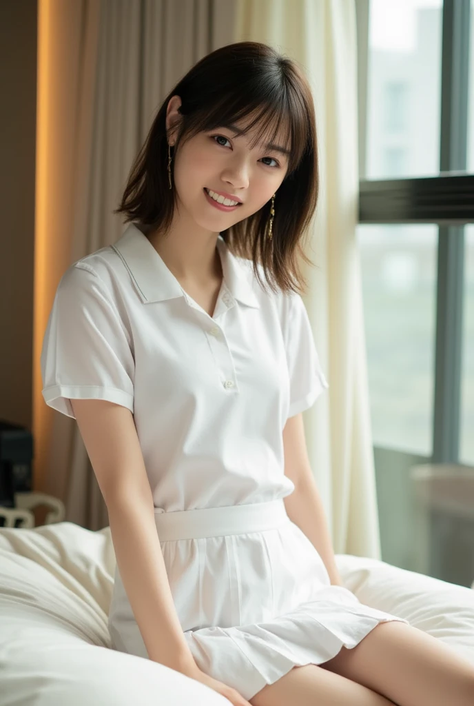 raw photo, 1girl, cute face, beautiful face, medium breast, collared blouse, White blouse, light smile, detailed skin, simple background, Above the knee, sit on a chair, Seductive pose, photorealistic, masterpiece, best quality, anatomically correct
