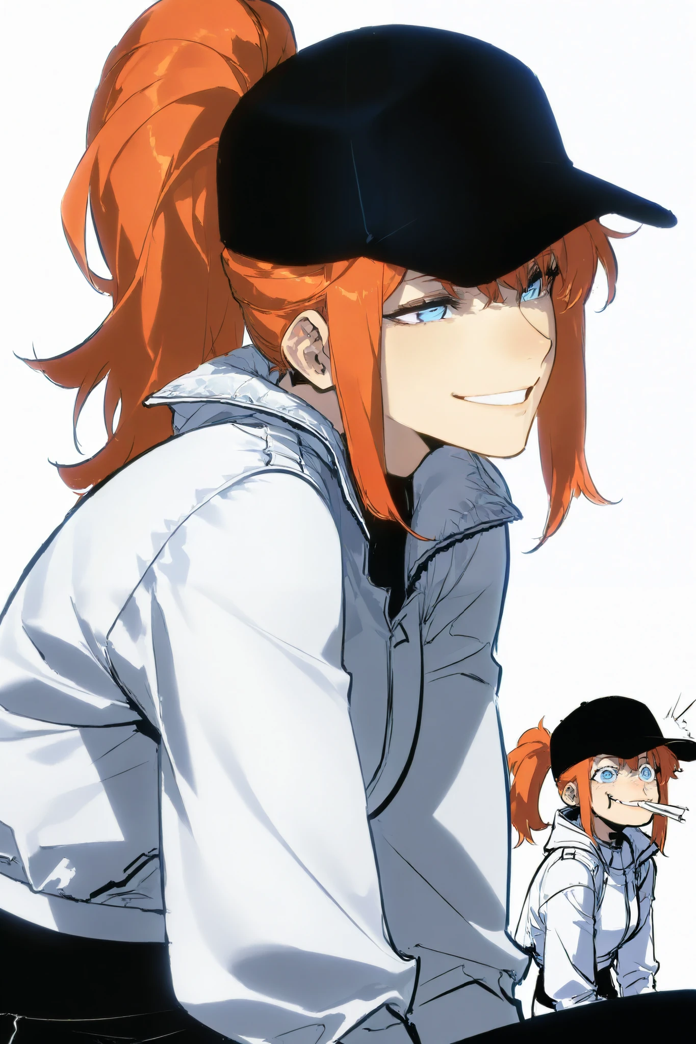 Athletic tall woman in futuristic fantasy clothes, smiling , black cap, black cap, orange hair in a ponytail, blue eyes, white oversize jacket, black pant, intricate sketch, expressive eyes and nose and mouth, un-zoom, highly detailed, white background, upperbody, Lean to the side , Head tilted, head tilted