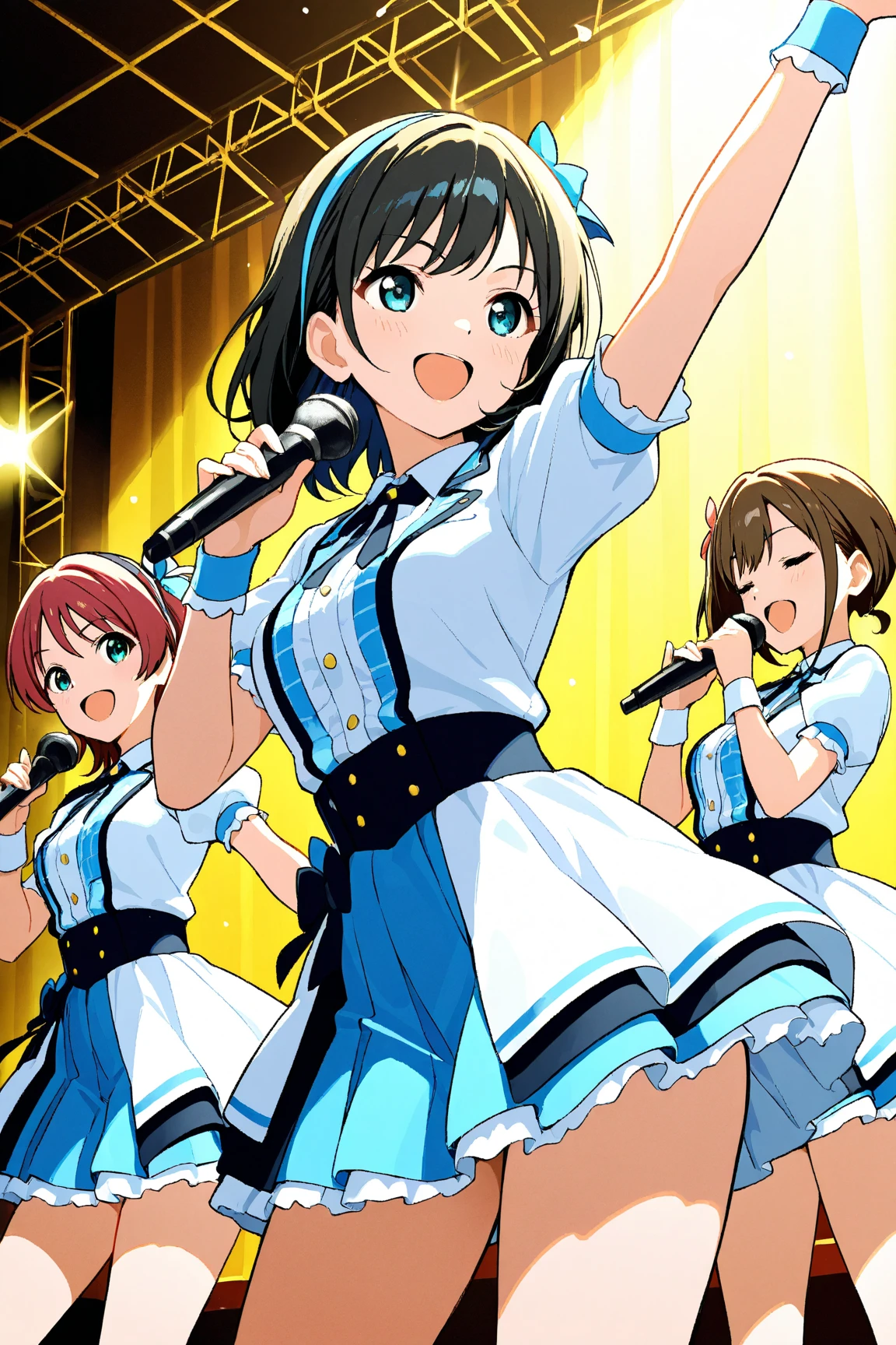 ((32k)), ((best quality)), ((ultra high res)), ((HDR)), ((UHD)), ((extremely detailed CG)), ((unity 32k wallpaper)), ((illustration)), ((((3 girls)))), (cute smile), (cute bikini), (((Idol Costumes))), ((Idol Stage Background)), (yurucamp), ((love live!)), ((Holding a microphone)), (Peering from below), closed mouth, ((happy)), (((cowboy shot))), blue hair,