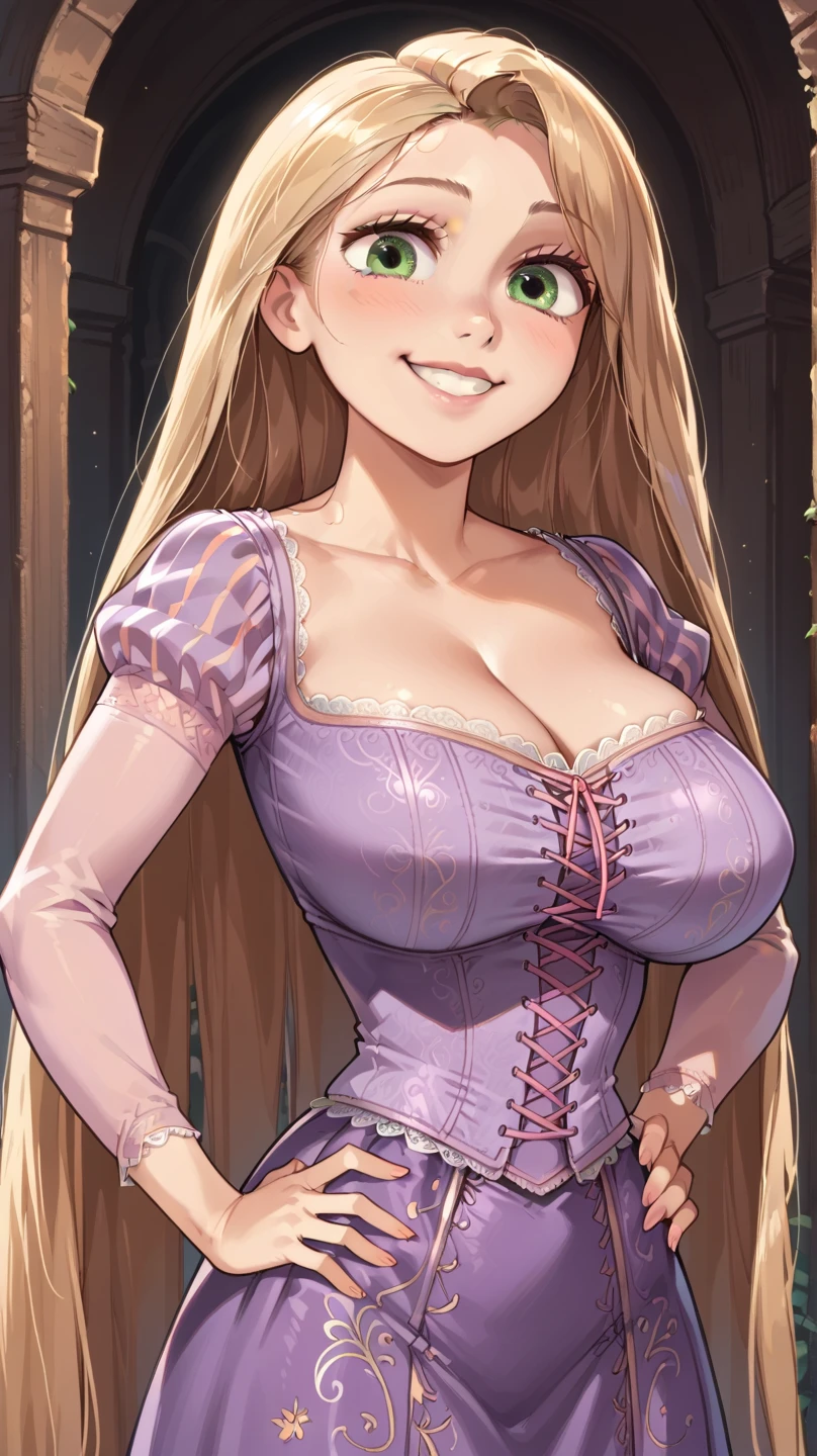 (RapunzelWaifu: 1.2), masterpiece, perfect lighting, cinematic lighting, adult, rapunzel, freckles, blush, solo, purple leggings, pink blonde, very long hair, more definition, huge breasts, embarrassed expression, blushing, deep cleavage, seductive glance at camera