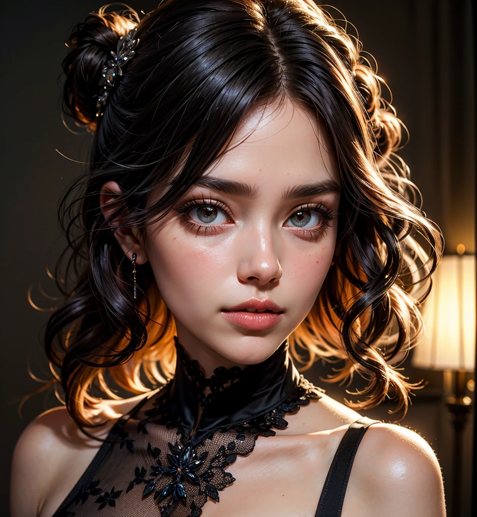 An exquisite portrait of a black African woman with deep ebony skin, Photography captured in stunning 8k resolution and raw format to preserve the highest quality of details. The beauty of women is undeniable, her face commanding the frame in a close-up that reveals the intricate details of her eyes. She wears a dress that complements her radiant skin, and her eyes are portrayed with meticulous attention to detail, showing the captivating depth within. The photograph is taken with a lens that emphasizes the challenge of your gaze, and the backdrop is a dark studio environment that highlights the soft colors of the scene. Lighting and shadows are expertly crafted to highlight the richness of your skin tone and the subtle nuances of your features..... Your red hair, with its distinct tone, adds a touch of warmth and contrast against your ebony skin. The interior environment adds a feeling of intimacy, while the freckles on your skin tell their own story. The overall composition captures its essence with authenticity and grace, creating a portrait that is a celebration of your heritage and beauty. Photography by challenge512, using the best shadow and lighting techniques, to create a mesmerizing portrait that transcends the visual.