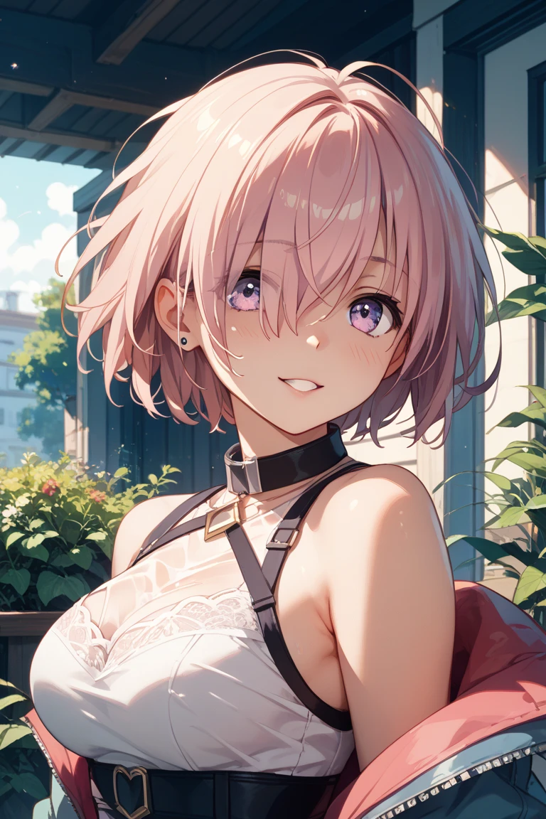 pink hair girl, short hair, no bangs, no bangs, smiling, bikini,